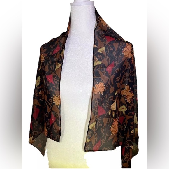 100% Silk Scarf Rectangle Sheer Made in Korea Black Brown Red Yellow Floral - Picture 11 of 12